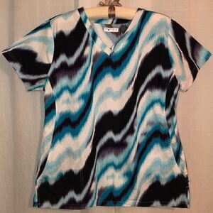 Nurse Mates M White Blue Purple Black Tie Dye Watercolor Kiley Cotton Scrub Top